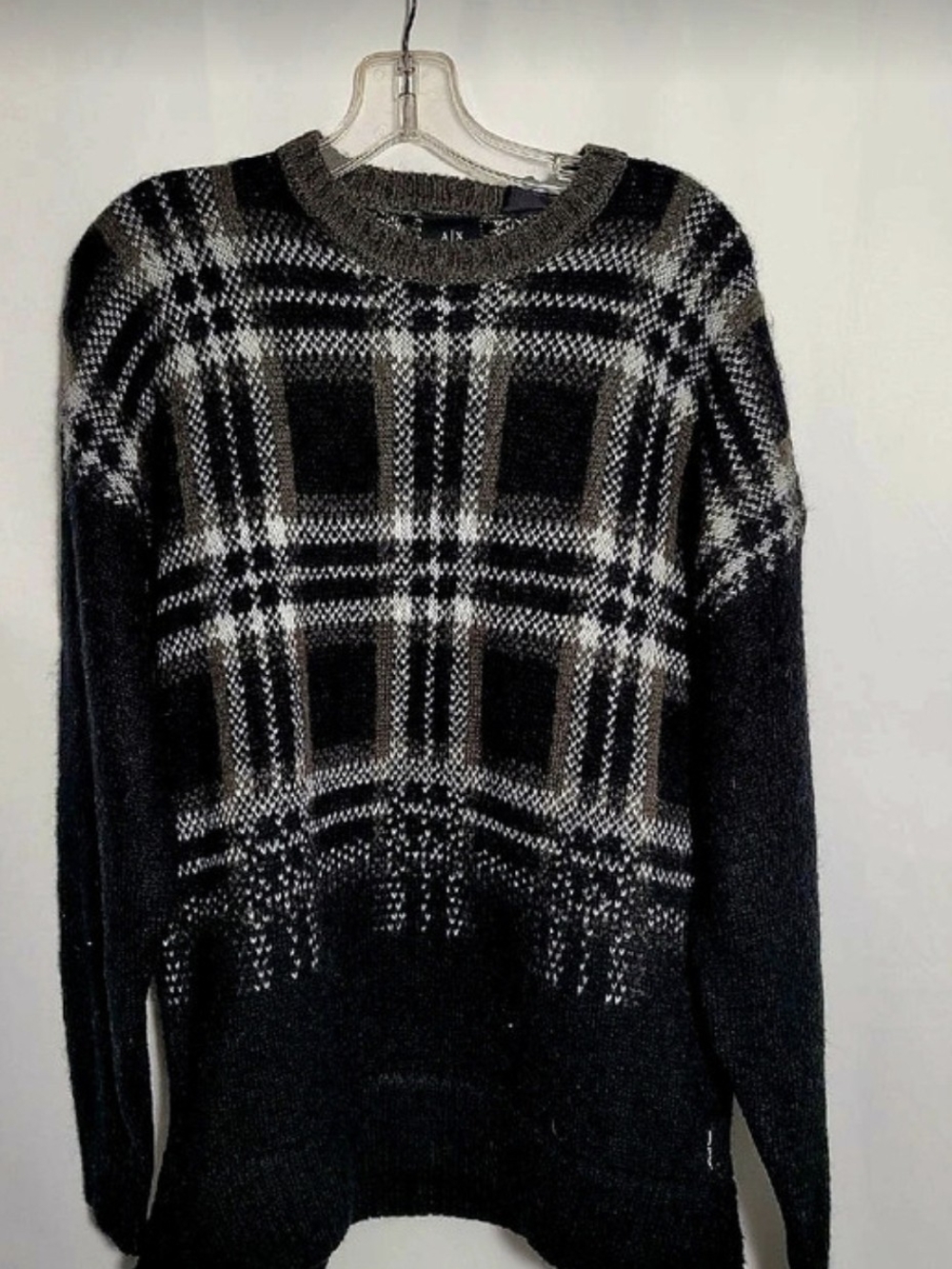 Armani Exchange Black, Gray & White Plaid Crewneck Sweater
